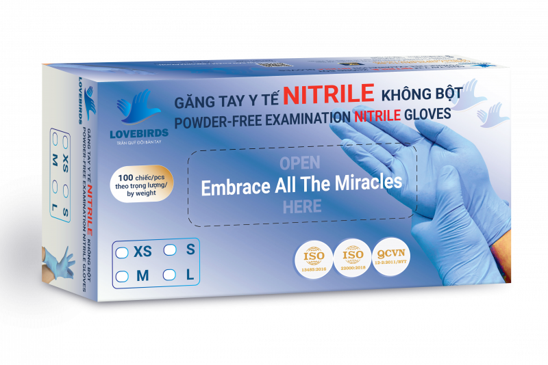 GĂNG TAY Y TẾ NITRILE KHÔNG BỘT LOVEBIRDS MÀU XANH, ĐEN